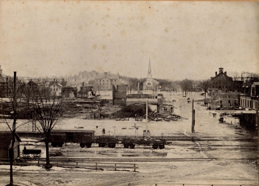 A black and white photo of Natick following the fire of 1874